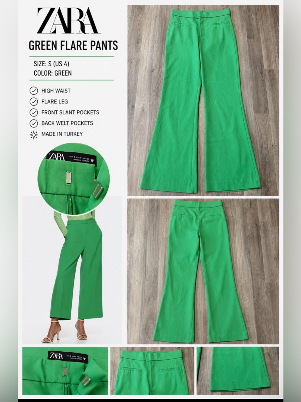 ZARA Green High-Waisted Flare Wide Leg Pants – Size Small